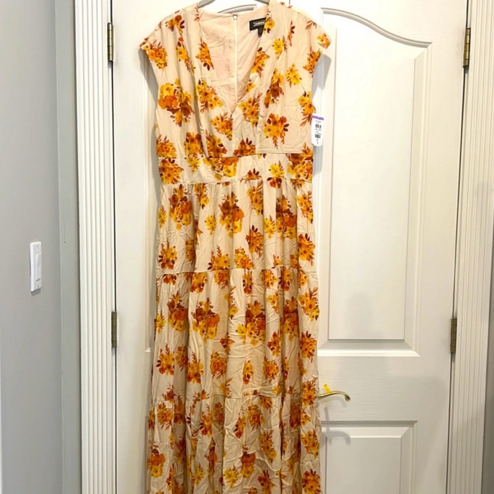 Alexia Admor Womens Size 10 Yellow Orange Floral V-Neck Tiered Maxi Dress NWOT